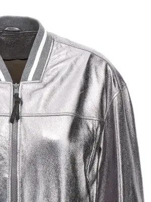 Laminated leather bomber jacket Woman BRUNELLO CUCINELLI Silver