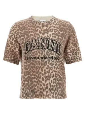 'Leopard Wool Mix' T-shirt GANNI Brown