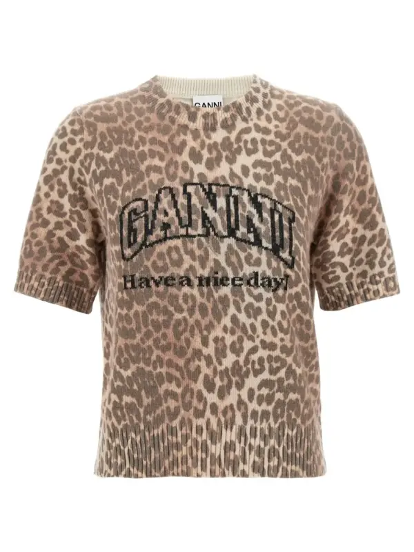 'Leopard Wool Mix' T-shirt GANNI Brown