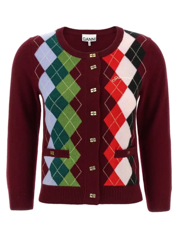 'Burgundy Check' cardigan GANNI Bordeaux