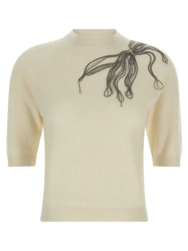 'Shiny Flower Embroidery' sweater BRUNELLO CUCINELLI White