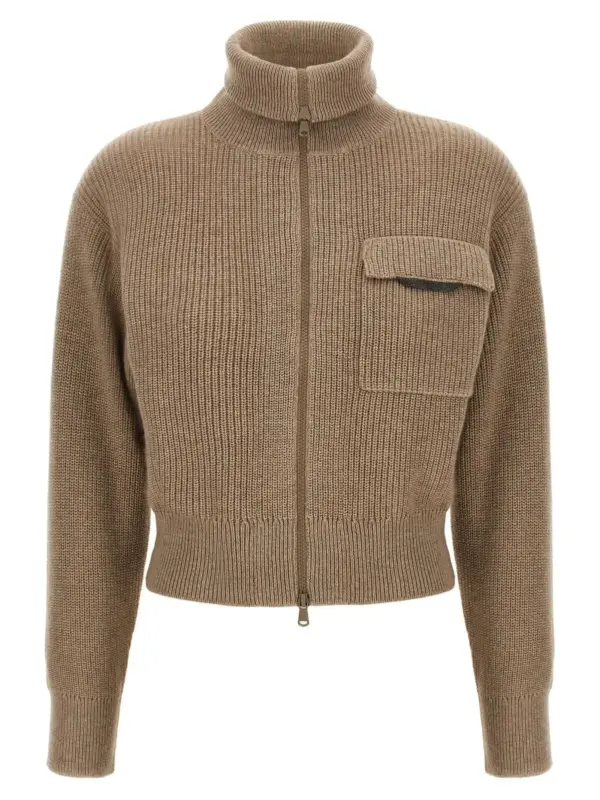 'Shiny Flap Detail' cropped cardigan BRUNELLO CUCINELLI Beige