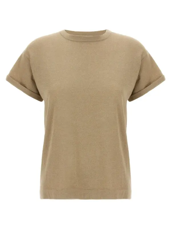 Lamé cashmere t-shirt BRUNELLO CUCINELLI Beige