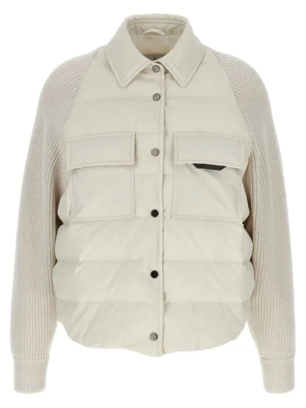 Two-material 'Shiny Flap Detail' down jacket BRUNELLO CUCINELLI White