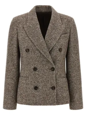 Double-breasted silk blend blazer BRUNELLO CUCINELLI Brown