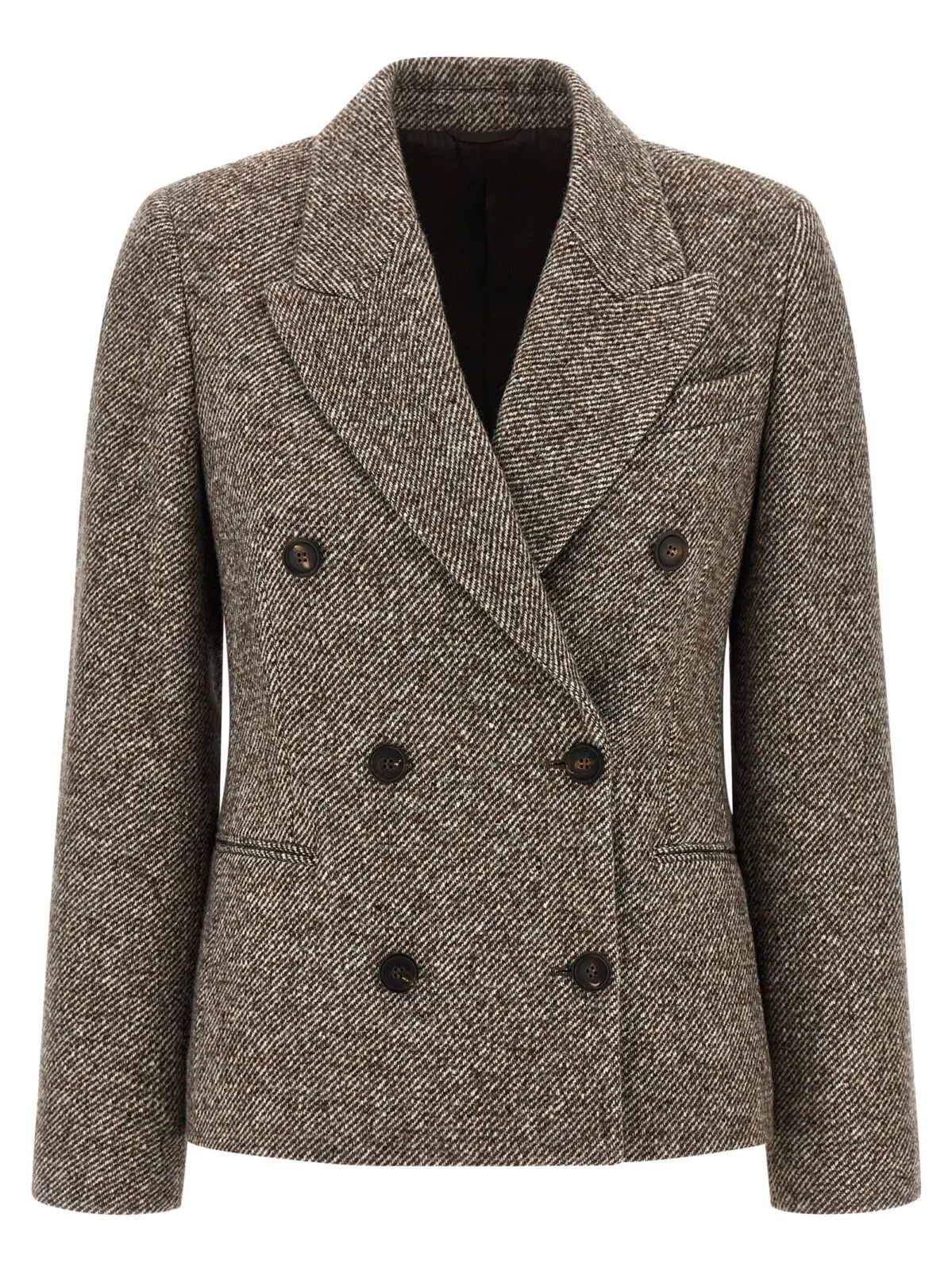 Піджак двобортний із шовковою сумішшю Brunello Cucinelli Коричневий 1 Double-breasted silk blend blazer BRUNELLO CUCINELLI Brown