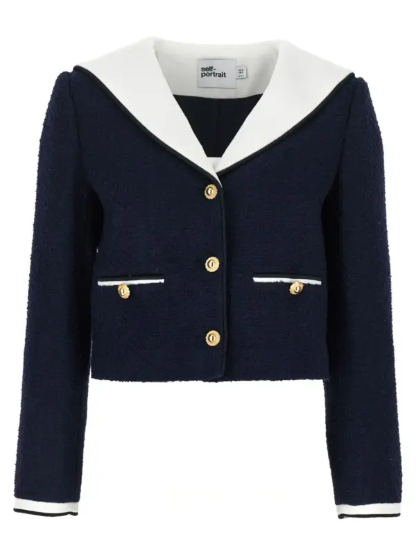 'Navy Boucle Contrast Collar' blazer SELF PORTRAIT Blue