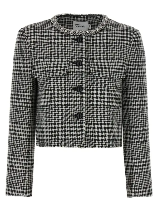 'Houndstooth Crystal Trim' blazer SELF PORTRAIT White/Black