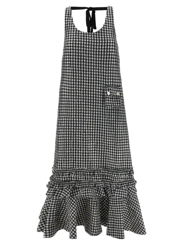 'Crinkled Check Long' dress GANNI Black