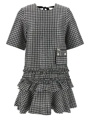 'Crinkled Check Mini' dress GANNI White/Black