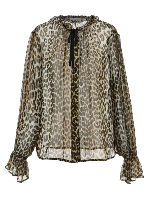 'Leopard Print Chiffon Tie String' shirt GANNI Multicolor
