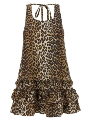 'Leopard Cotton Poplin Mini' dress GANNI Brown