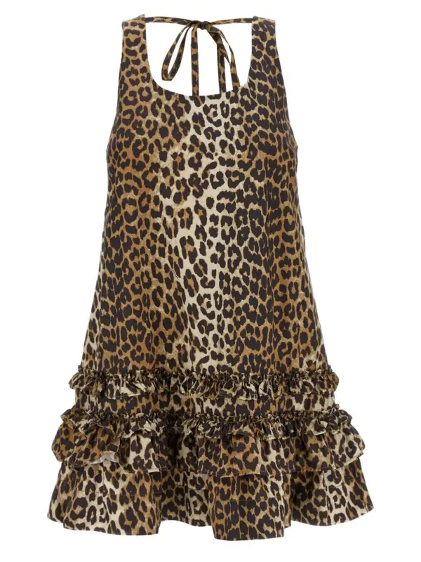 'Leopard Cotton Poplin Mini' dress GANNI Brown