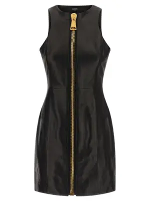 Maxi zip leather dress BALMAIN Black