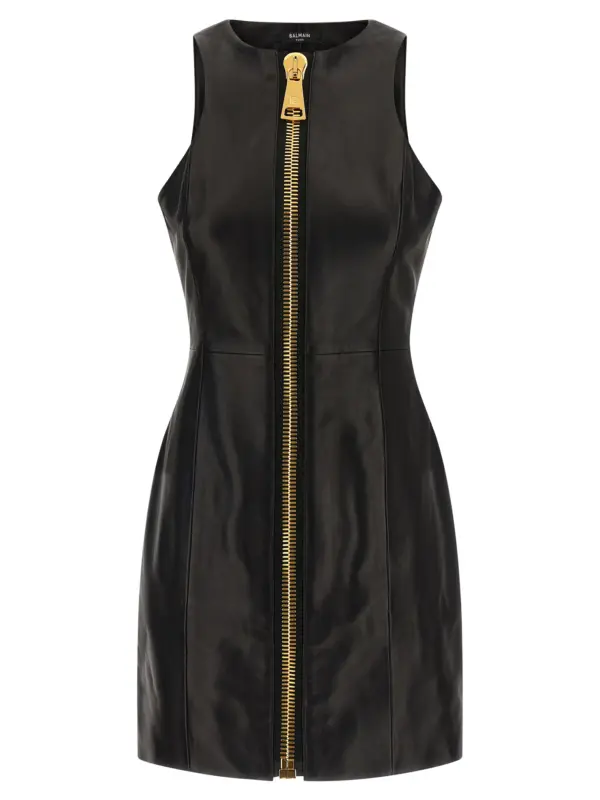 Maxi zip leather dress BALMAIN Black