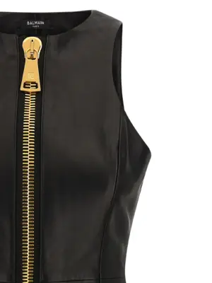 Maxi zip leather dress Woman BALMAIN Black
