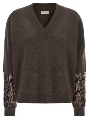 Sequin sleeve sweater BRUNELLO CUCINELLI Brown
