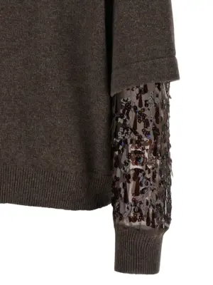 Sequin sleeve sweater 100% cashmere BRUNELLO CUCINELLI Brown
